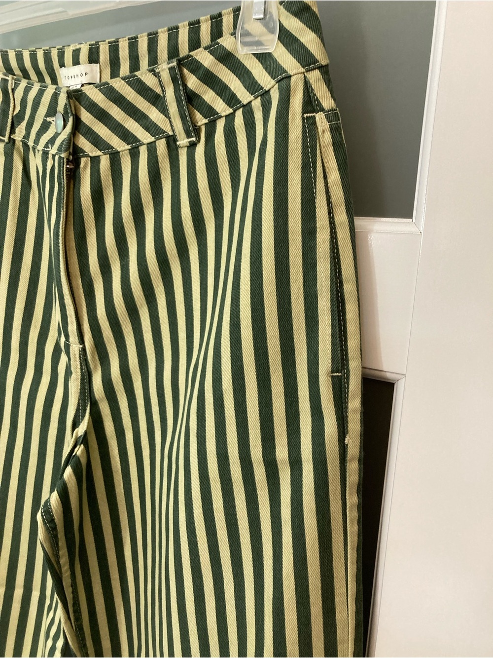 Topshop pinstripe banana wide leg pants in khaki - size 10 - Picture 4 of 13